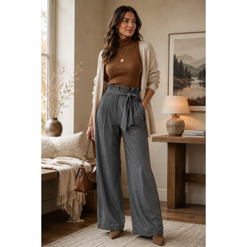 Women Small Gray NWT Wide Leg Pleated Paperbag High Waist Tie Belt Work Trousers
